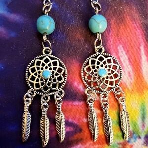 Handmade Turquoise Silver Metal Dreamcatcher Earrings